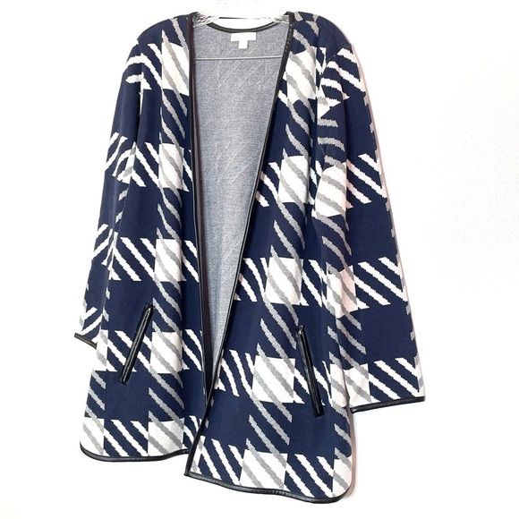 Macy's | CHARTER CLUB Milano Cotton Navy Open-Front Cardigan Faux Leather Trim - Picture 4 of 9